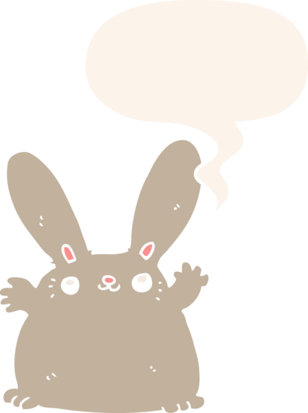 Konuşma baloncuklu çizgi film tavşanı insan tarafından çizilmiş.