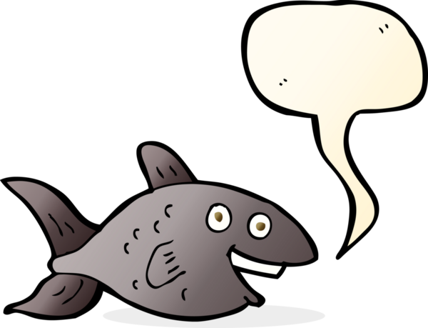 Bir insan tarafından çizilmiş konuşma balonlu çizgi film balığı.