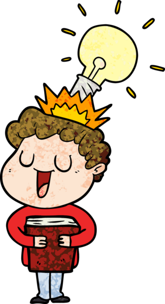 Bir insan tarafından çizilmiş kitabı ve fikri olan gülen bir karikatür adamı.