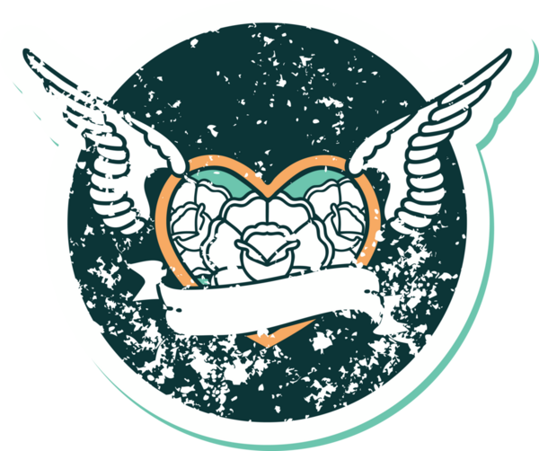 Bir insan tarafından çizilmiş çiçek ve pankartıyla uçan bir kalbin sembolik dövmeli resmi.