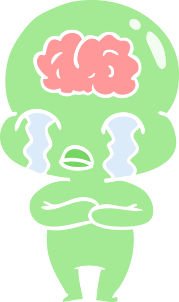 Düz renkli çizgi film. Bir insan tarafından çizilmiş büyük beyinli uzaylı ağlaması.