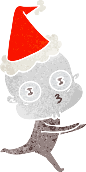 Bir insan tarafından çizilmiş Noel Baba şapkasıyla koşan kel bir uzaylının el çizimi karikatürü.