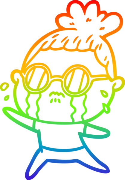 Gökkuşağı gradyan çizgi çizimi. Bir insan tarafından çizilmiş gözlük takan ağlayan bir kadın.