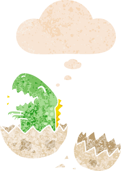 Düşünce baloncuğuyla yumurtadan çıkan çizgi film dinozoru bir insan tarafından çizilmiş dertli retro stili.