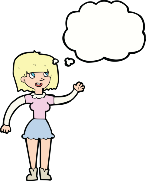 Bir insan tarafından çizilmiş düşünce baloncuğuyla el sallayan çizgi film kızı.