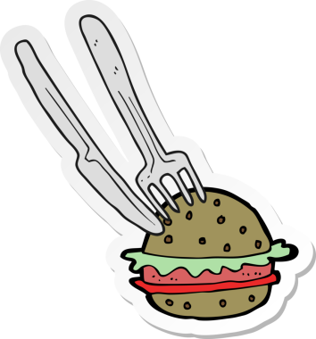 Çizgi film bıçağı ve çatal insan tarafından çizilmiş hamburger etiketi.