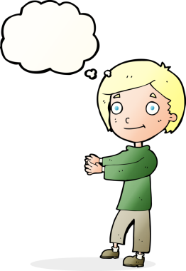 Bir insan tarafından çizilmiş düşünce balonu olan mutlu çocuk çizgi filmi.