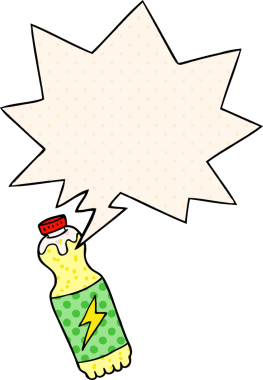 Bir insan tarafından çizilmiş çizgi roman tarzında konuşma baloncuğu olan karikatür soda şişesi.