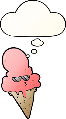 Bir insan tarafından çizilmiş, düşünce baloncuklu karikatür serin dondurma.