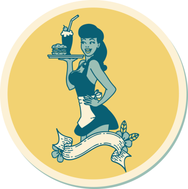 Geleneksel stil dövme çıkartması. Bir insan tarafından çizilmiş pankartı olan garson kız.