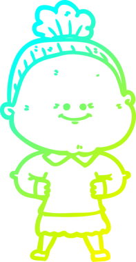 Bir insan tarafından çizilmiş, mutlu, yaşlı bir kadının çizimi.