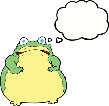 Bir insan tarafından çizilmiş düşünce baloncuklu şişman kurbağa.