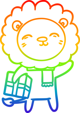 Gökkuşağı gradyan çizgi çizimi bir insan tarafından çizilmiş bir karikatür aslanının Noel hediyesi