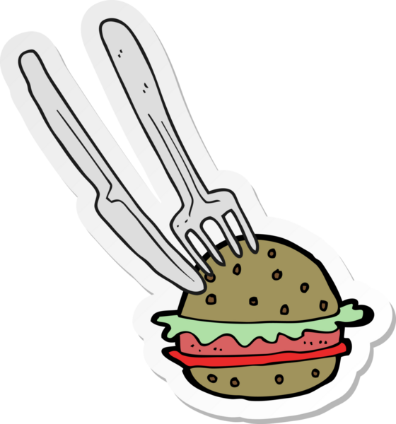 Çizgi film bıçağı ve çatal insan tarafından çizilmiş hamburger etiketi.