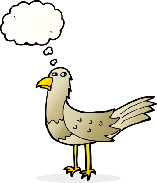 Bir insan tarafından çizilmiş düşünce baloncuklu çizgi film kuşu.