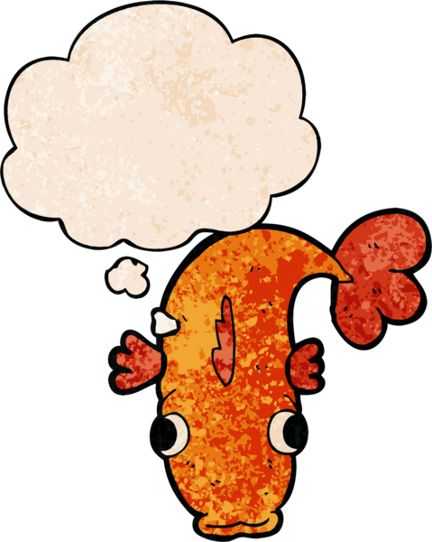 Bir insan tarafından çizilmiş grunge desenli düşünce baloncuklu çizgi film balığı.