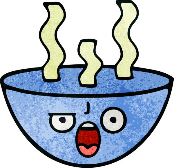 Bir insan tarafından çizilmiş sıcak çorba kasesinin retro grunge desenli karikatürü.