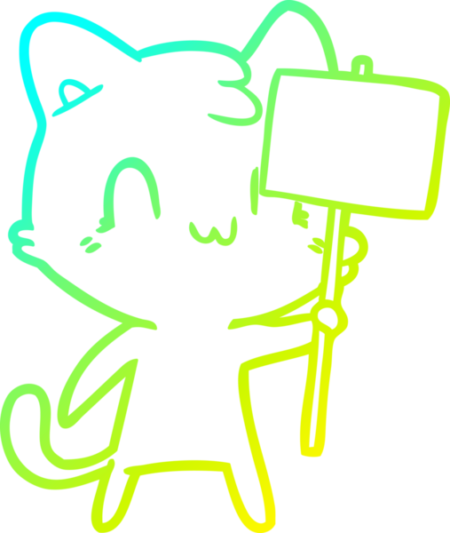 Bir çizgi filmin soğuk gradyan çizimi mutlu bir kedi ve bir insan tarafından çizilmiş boş bir tabela.