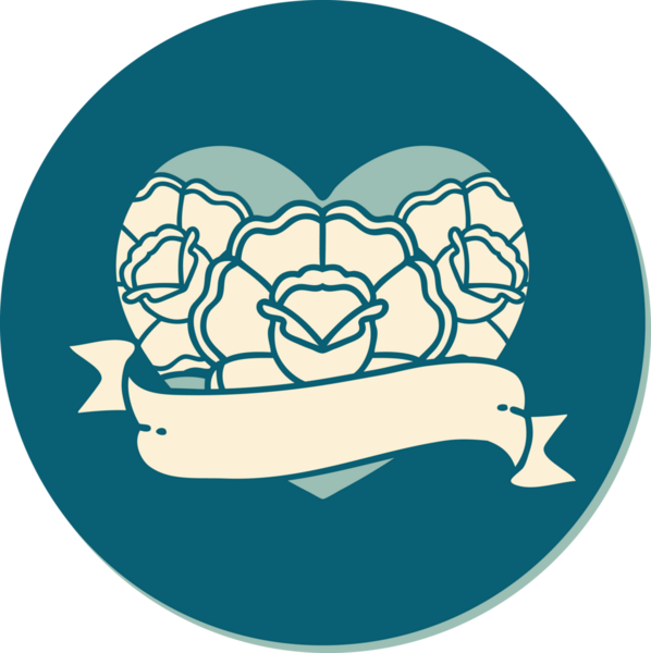 Geleneksel kalp stili dövme çıkartması ve bir insan tarafından çizilmiş çiçekli pankart.