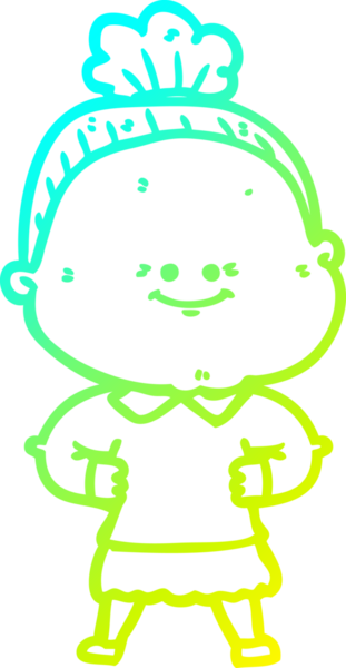 Bir insan tarafından çizilmiş, mutlu, yaşlı bir kadının çizimi.