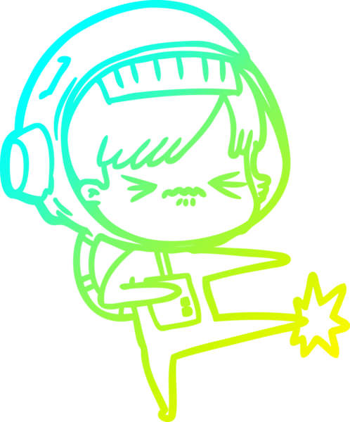 Bir insan tarafından çizilen ayak parmağını çarpan kızgın bir uzay kızının soğuk çizgi çizimi.