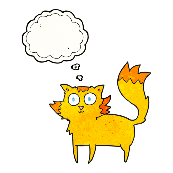 Bir insan tarafından çizilmiş serbest çizim düşünce kabarcığı desenli çizgi film kedisi