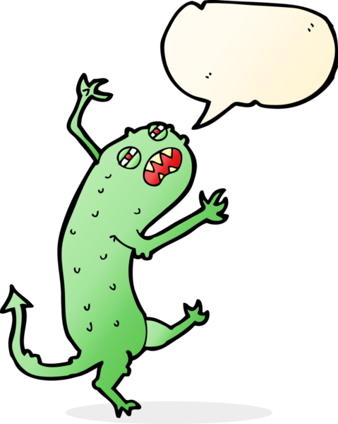 Bir insan tarafından çizilmiş konuşma balonu olan küçük bir canavar.