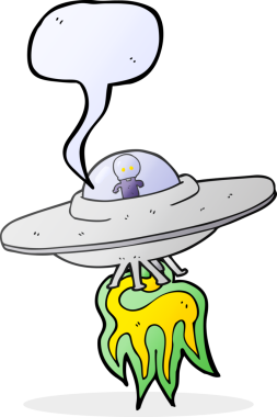 Bir insan tarafından çizilmiş serbest konuşma balonu karikatürü uzaylı uçan daire.