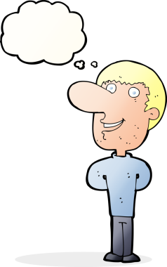 Bir insan tarafından çizilmiş düşünce balonlu mutlu adam çizgi filmi.