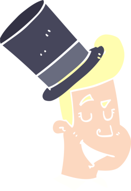 Bir insan tarafından çizilmiş silindir şapkalı düz renkli karikatür adam.