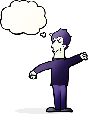 Bir insan tarafından çizilmiş düşünce balonlu vampir adam.