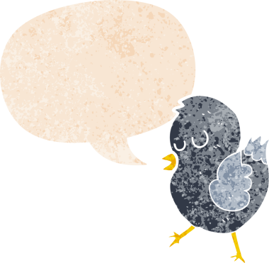 grunge 'da konuşma baloncuğu olan karikatür kuşu bir insan tarafından çizilmiş dertli retro tarzı