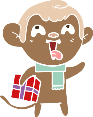 Çılgın düz renkli çizgi film maymunu Noel hediyesi olarak bir insan tarafından çizilmiş.