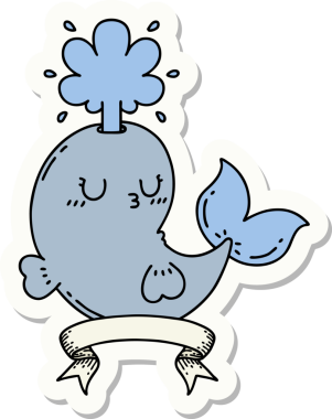 Dövme stili çıkartma. Bir insan tarafından çizilmiş mutlu, fışkırtan balina karakteri.