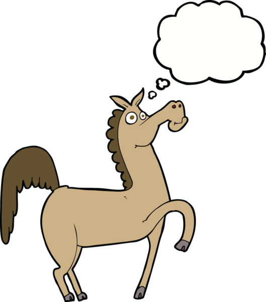 Bir insan tarafından çizilmiş düşünce baloncuklu komik bir at.