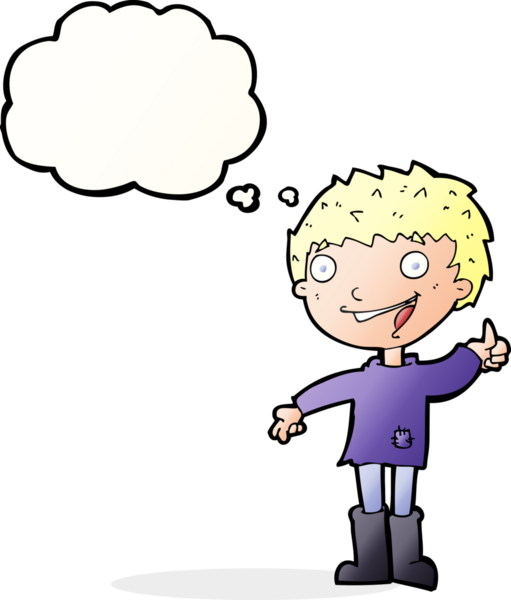 Bir insan tarafından çizilmiş düşünce baloncuğu olan heyecanlı çocuk.