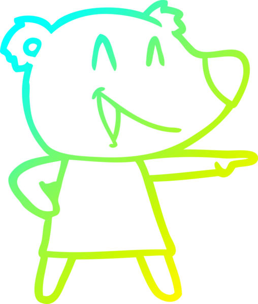 Bir insan tarafından çizilmiş, gülen ve işaret edilen bir çizgi film ayısının soğuk çizgi çizimi.