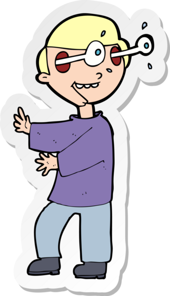 Bir insan tarafından çizilmiş gözleri fırlayan bir çizgi film çocuğunun çıkartması.