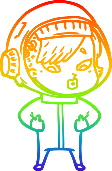 Gökkuşağı gradyan çizgi çizimi bir insan tarafından çizilmiş astronot bir kadın.