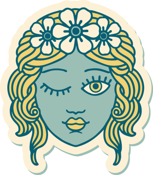 Geleneksel stil dövme çıkartması. Bir insan tarafından çizilmiş yüzü olan bakireler.