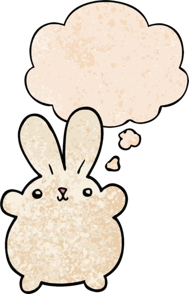 Bir insan tarafından çizilmiş grunge desenli düşünce baloncuklu şirin çizgi film tavşanı.