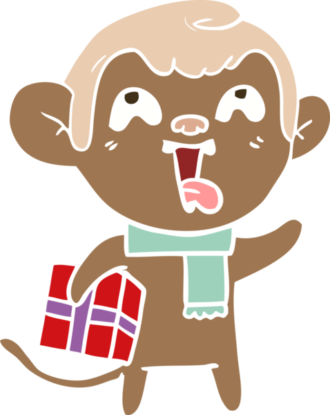 Çılgın düz renkli çizgi film maymunu Noel hediyesi olarak bir insan tarafından çizilmiş.