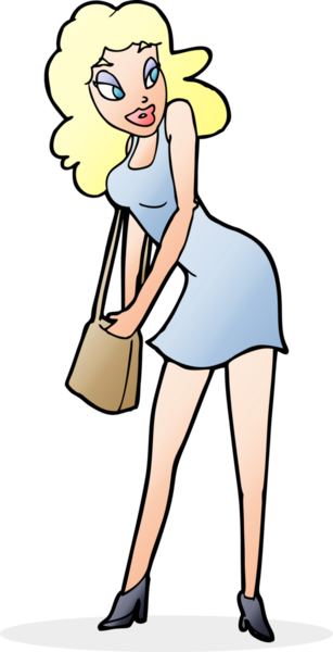 Bir insan tarafından çizilmiş el çantasına bakan karikatür kadın.