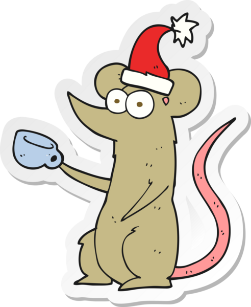 Bir insan tarafından çizilmiş Noel şapkası takan çizgi film faresinin çıkartması.