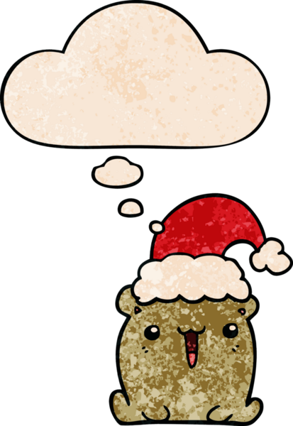 Noel şapkalı şirin çizgi film ayısı. Düşünce baloncuğu ve grunge dokusuyla bir insan tarafından çizilmiş.