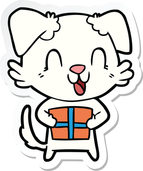 Bir insan tarafından çizilmiş noel hediyeli, gülen bir köpeğin çıkartması.