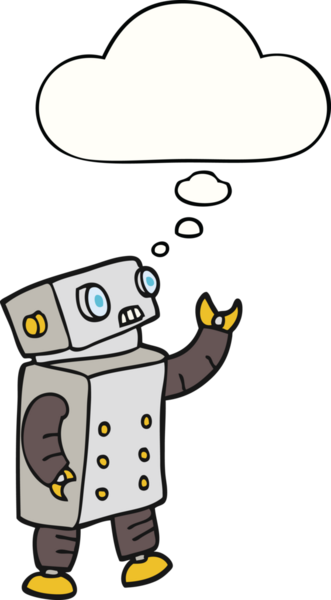 Bir insan tarafından çizilmiş düşünce baloncuklu çizgi film robotu
