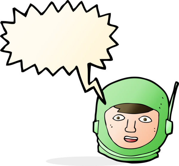 Bir insan tarafından çizilmiş konuşma balonlu astronot kafası.