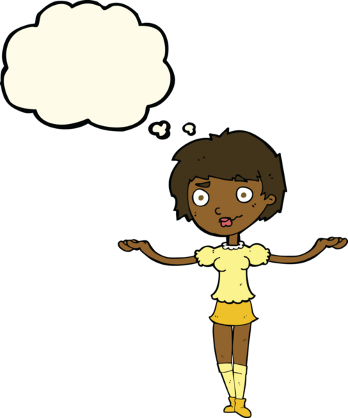 Bir insan tarafından çizilmiş düşünce baloncuğuyla kollarını açan çizgi film kadını.