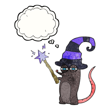 Serbest çizim düşünce baloncuğu bir insan tarafından çizilmiş çizgi film karakterli sihirli cadı fare.